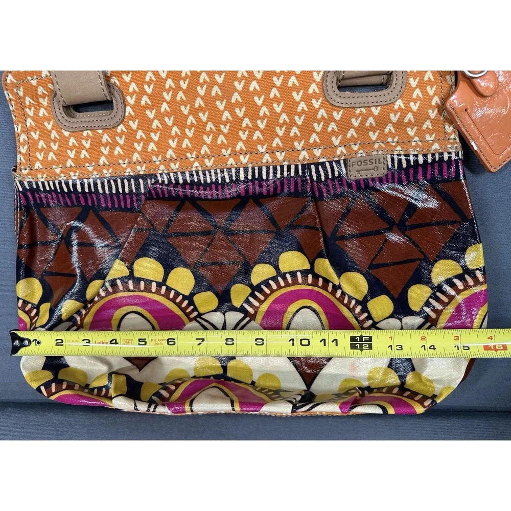 Fossil Key Per Bag Coated Canvas Shoulder Purse Tote Floral Aztec Orange Brown